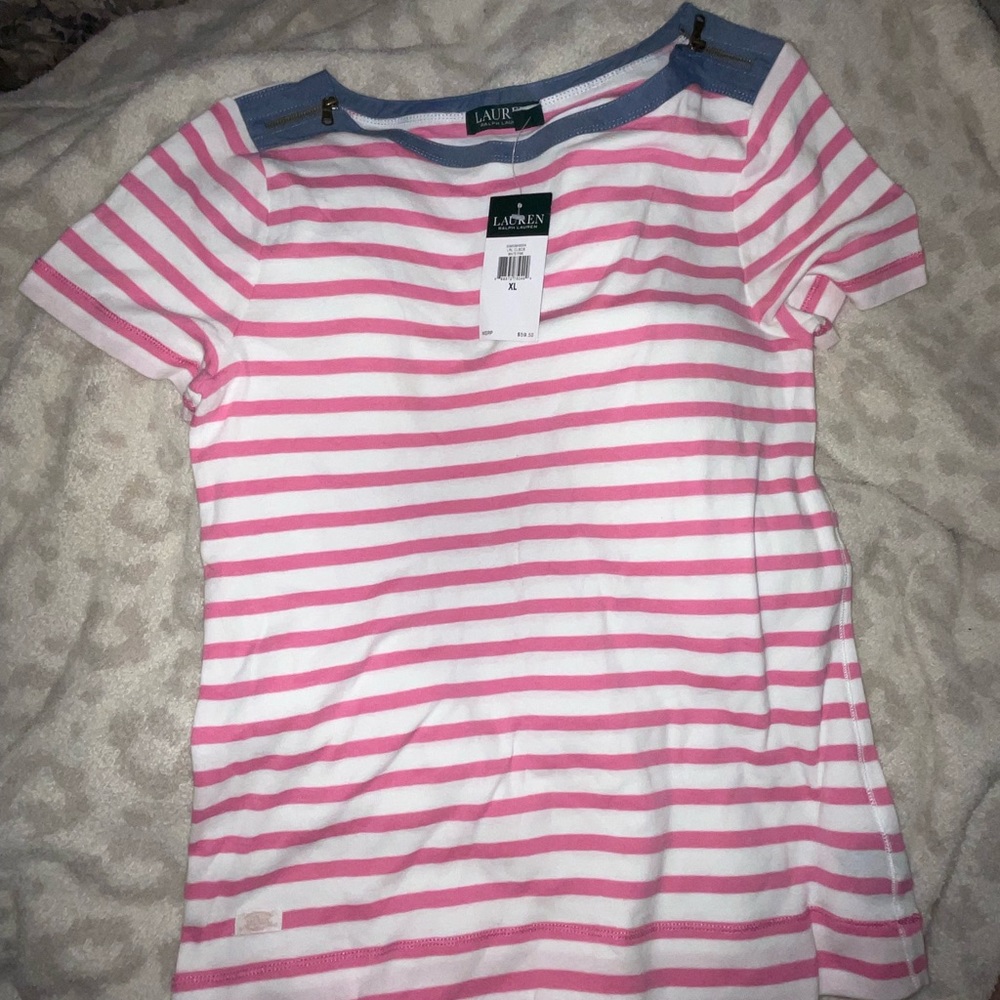 Ralph Lauren denim 1969. XL. Pink white stripes denim zipper crewneck preppy T